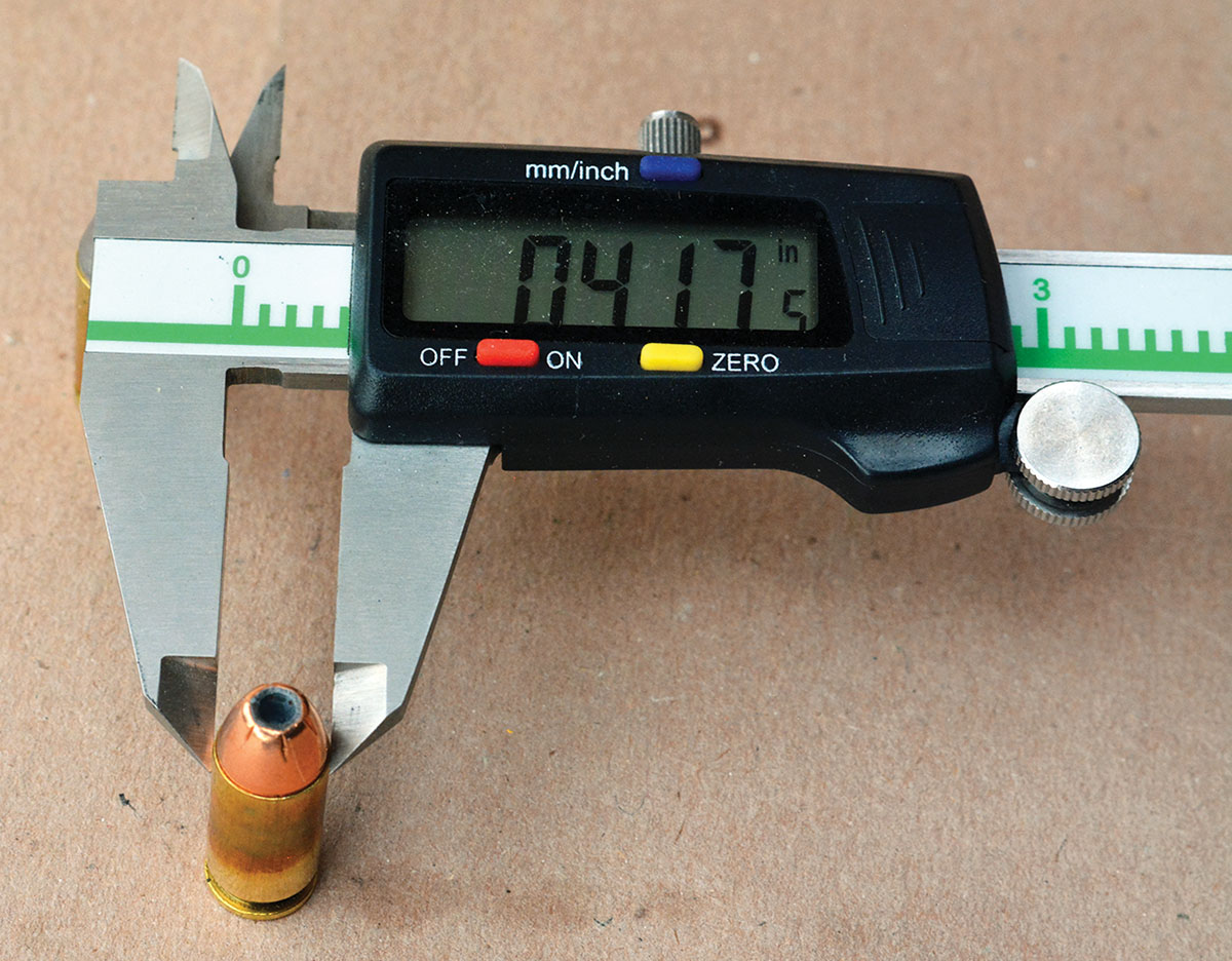 A taper crimp should be applied after bullets are seated to the correct overall cartridge length. Depending on case, make and other factors the crimp should generally measure .417 to .420 inch, but should never exceed .423 inch.